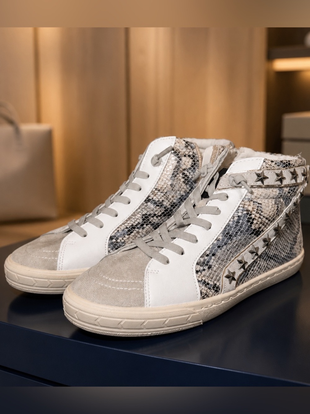 Vintage Havana White, Gray & Snake-Print High-Top Sneakers with Star Studs